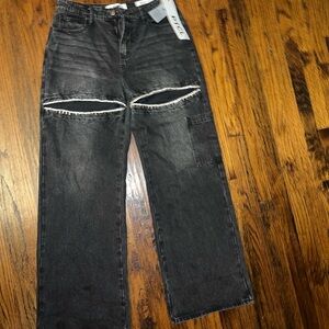 Mid Rise Rhinestone Cut Out Straight Leg Jean